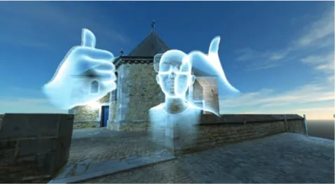 Fig. 14.- Environnement virtuel : un avatar  devant la chapelle du site du château de  Jehay.