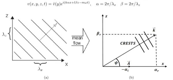 Figure 1. (a)Wave propagating in the mean flow with streamwise wave number λ x and spanwise wave number λ z , (b) Notation for the oblique waves