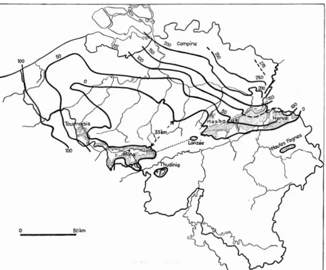Fig. 43. Distribution géographique des dépôts marins crétacés en Belgique et lignes isopaques