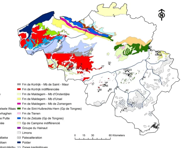 Fig. 76. Localisation des sites échantillonnés sur la carte des formations argileuses belges (modifié d’après Albon, 2009 ; Rekk, 2014 ; Bogemans et  al