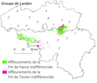 Fig.  42.  Localisation  des  zones  d’affleurement des Formations de Hannut et  de Tienen (Rekk, 2014)