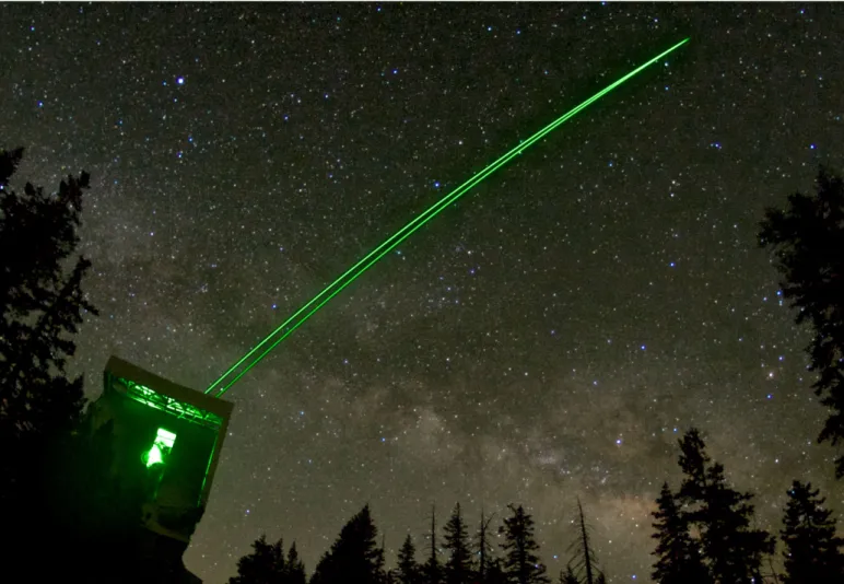 Fig. 1. The ARGOS system propagating a bundle of laser beams on each side of the large binocular telescope