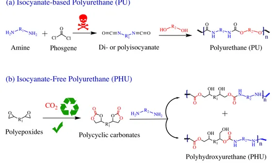 Figure  8.  (a)  Synthesis  conventional  PUs  by  polyaddition  of  di-  or  polyisocyanates  and  di-  or  polyols and (b) PHUs by polyaddition between di- or polycyclic carbonates and di- or polyamines