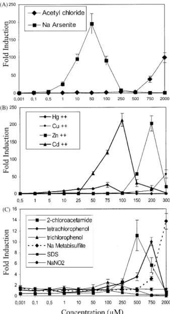 Fig. 3. Response of EPCtiHSP70 cells after exposure to various chemical stressors. The cells were seeded into 96-well plates, treated for 12 h with various concentrations of the indicated compounds and allowed to recover for 4 h