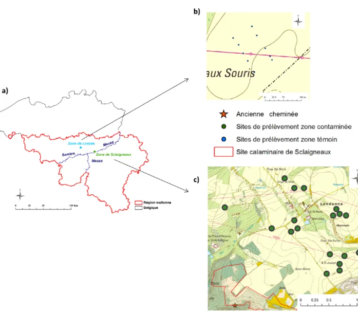 Fig. 1. Location of sampling places at scale of a) Belgium, b) control area and c) contaminated Sclaigneaux area.