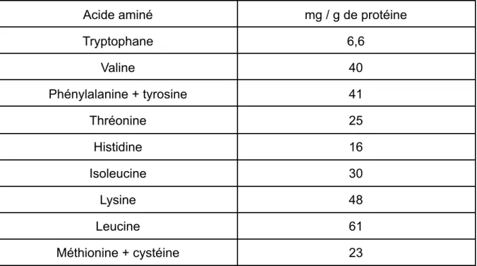 Tableau 6: Teneur en acides aminés de l’albumine de l’oeuf