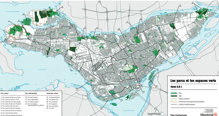 Figure 10 : Plan des parcs et espaces verts de l’ile de Montréal - 2012. Source Ville de Montréal À travers le plan d’urbanisme, le plan d’action Canopée, et les différentes politiques sectorielles  mises en place, Montréal montre sa volonté de valoriser s