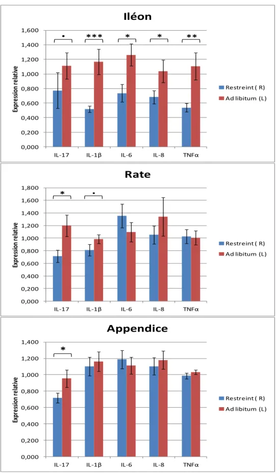 Figure  5 :  Expression  relative  des  cytokines  pro-inflammatoires  IL-17,  IL-1β,  IL-6,  IL-8  et  TNFα dans l’iléon, la rate et l’appendice caecal, exprimées en valeurs moyennes des 2^ΔΔCt, avec  SEM,  en  fonction  du  groupe  restreint  (R)  ou  ad