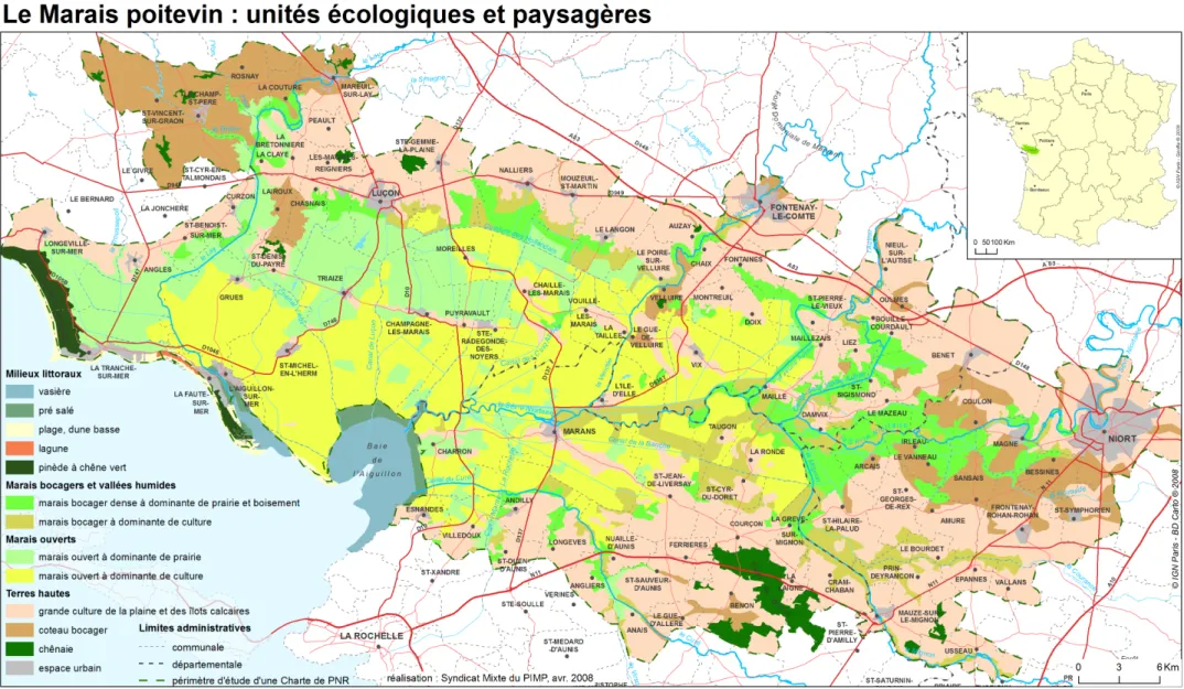 Figure 1 : Carte du territoire du Marais poitevin présentant les unités écologiques et paysagères - Source :PIMP