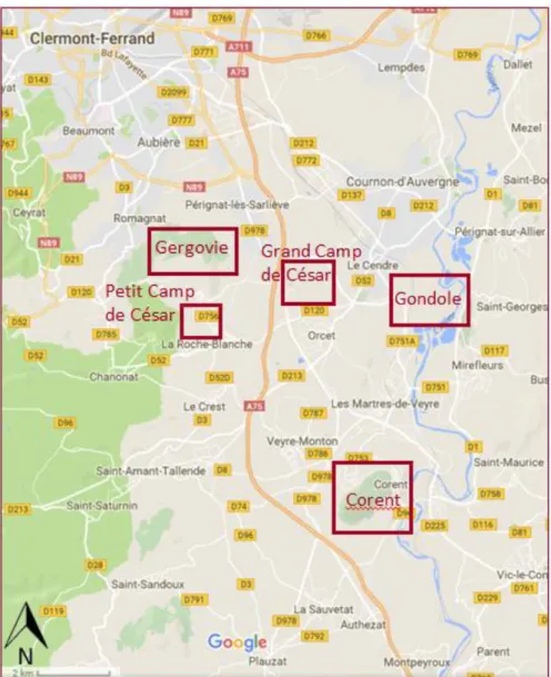 Figure 1 : Localisation des sites  arvernes au sud de  Clermont-Ferrand. Source : Google Maps,  Données cartographiques ©2017 