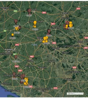 Figure 12 : Localisation des parcelles étudiées dans ServicesAuxil'2 (En Jaune les parcelles de milieu ouvert, en marron les  parcelles de milieu fermé, en carré les parcelles de maïs et en goutte les parcelles de céréales) (Source : Google Maps) 