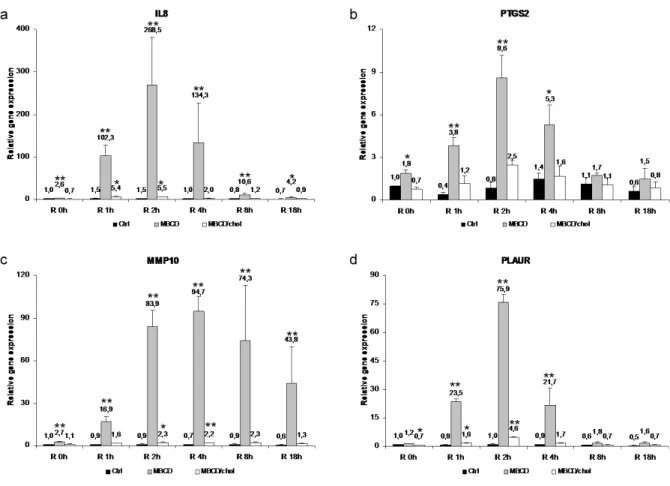 Figure S3: Time-course study of IL8, PTGS2, MMP10 and PLAUR mRNA expression in cholesterol-depleted  or mock cholesterol-depleted keratinocytes