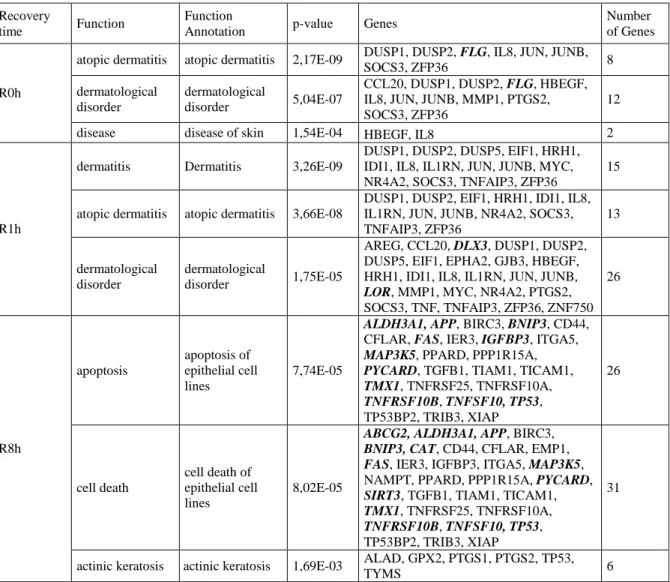Figure  S5: Illustration  of  the  highest  represented  functional  groups  of  the  category  "Dermatological  Diseases  and  Conditions"  and  description  of  the  transcriptional  regulation  of  the  involved  genes