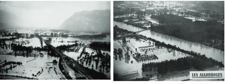 Figure 7 : Inondation de 1948 ; à gauche en aval de Grenoble, à droite en amont Source : [http://www.isere-drac-romanche.fr/?1948-8-000-hectares-inondes-dans]