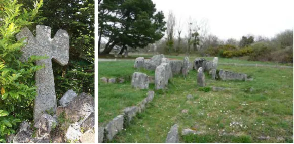 Figure 7 : Croix de Kerduellic à gauche (2010) et site mégalithique de Crugélic (2011)  (megalithes-bretons.fr, 2013) 