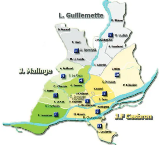 Figure 2 : Carte du &#34;Paysage du SEVE&#34; en juillet 2015. Division de la ville de Nantes en territoires et  secteurs