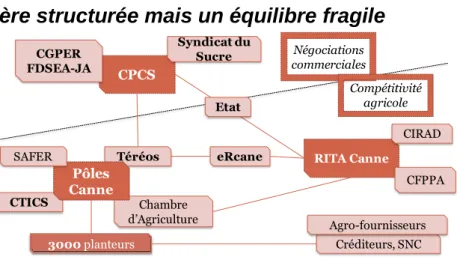 Figure 5 : Acteurs de la filière canne-sucre et relations (auteur) 