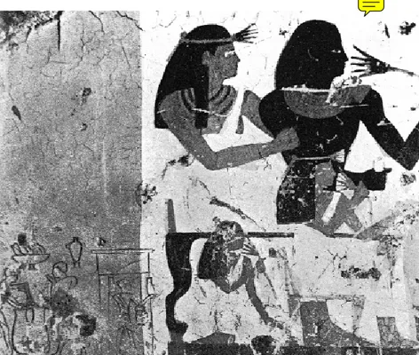 fig. 11 Partie du décor de la tombe de Nebamon (TT 145)  où une esquisse a été placée par dessus le fond blanc  de la scène adjacente, préalablement mise en couleurs  (d'après A