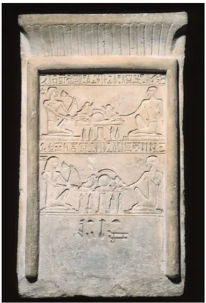 fig. 2 Rare exemple de signature du facteur de l'œuvre : la stèle de Hékou Brooklyn Museum 37.1347E, signée par le sculpteur Néfertoum