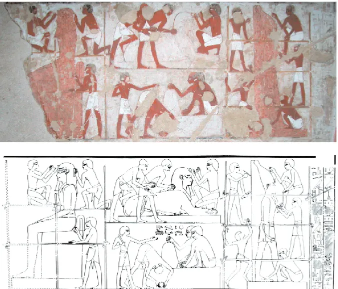 fig. 3 Scène d'atelier de sculpture dans le temple d'Amon-Rê à Karnak, figurée dans la tombe de Rekhmirê (TT 100 ; d'après un cliché de l'auteur et N