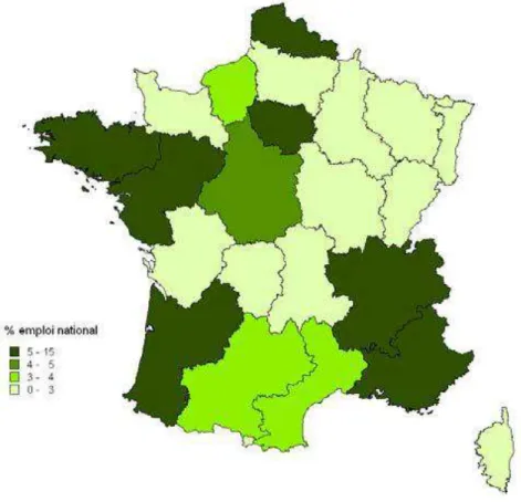 Figure 3: Entreprises paysagistes privées : Répartition du total des emplois salaries et non salaries selon les  régions en 2012