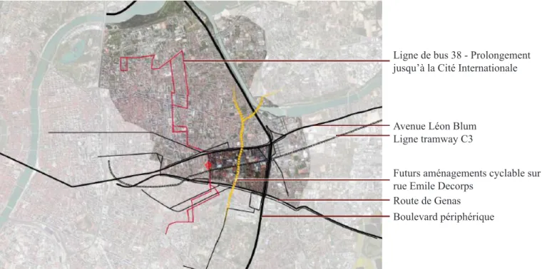 Figure 4.  La gare de Villeurbanne est un point central dans la logique de déplacement de  ville - Programme de la  Promenade de la gare de Villeurbanne, Atelier Vincent Moineau, 2011 