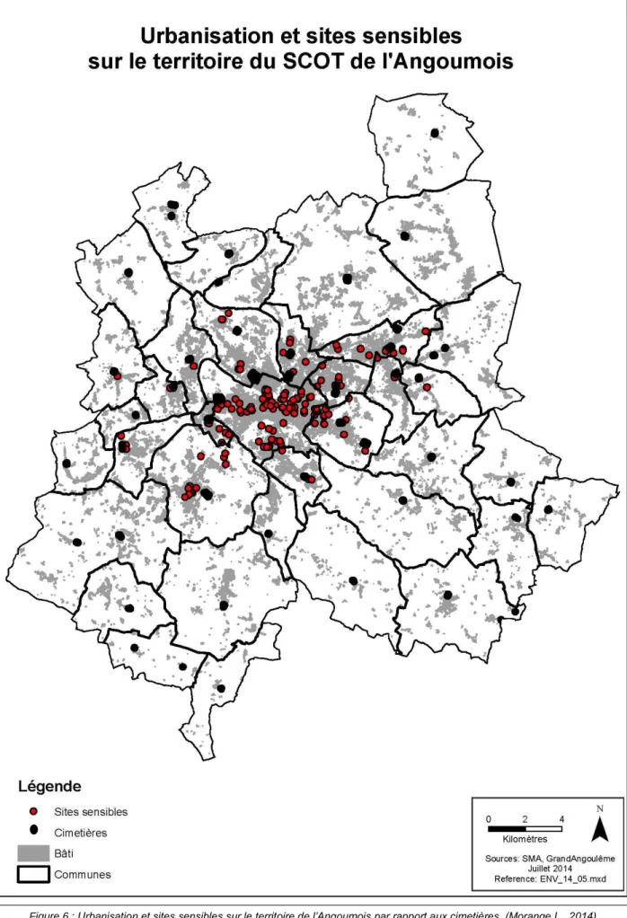 Figure 6 : Urbanisation et sites sensibles sur le territoire de l’Angoumois par rapport aux cimetières  (Morange L., 2014)