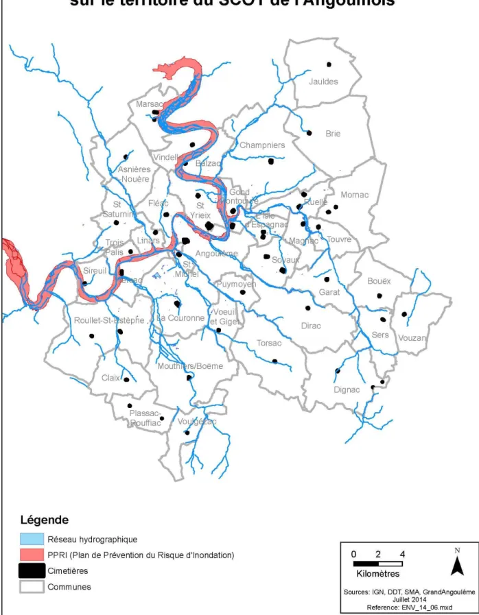 Figure 7 : Réseau hydrographique et zone PPRI  sur le territoire de l’Angoumois par rapport aux cimetières  (Morange L., 2014)