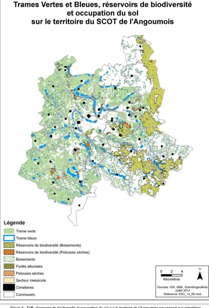 Figure 9 : TVB, réservoirs de biodiversité et occupation du sol sur le territoire de l’Angoumois par rapport aux cimetières   (Morange L., 2014)