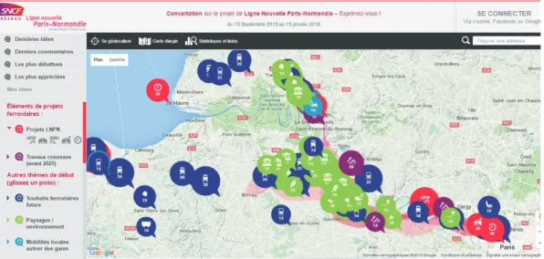 Figure 1. Carte Carticipe autour du projet d’aménagement ferroviaire de la Ligne Nouvelle Paris-Normandie  (LNPN)