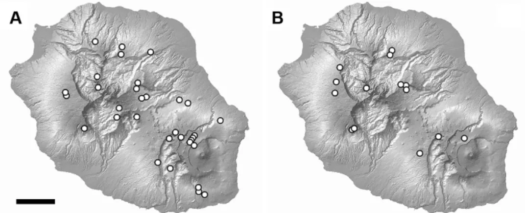 Figure 1. Sampling sites of H. aff. damaziana (A) and H. altorum (B) overlain on shade relief maps of Réunion Island