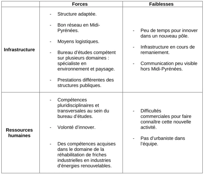 Tableau 4 : Tableau bilan de l’analyse interne de l’organisation 