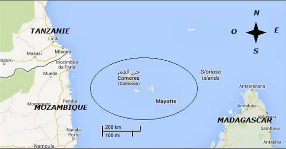 Figure 1 : Mayotte, île de l’archipel des Comores à au Nord du canal du Mozambique, réalisation personnelle à  partir de google maps