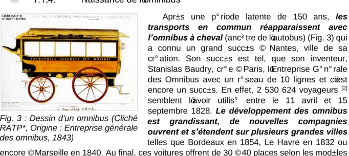 Fig. 3 : Dessin d'un omnibus (Cliché  RATP*, Origine : Entreprise générale  des omnibus, 1843) 