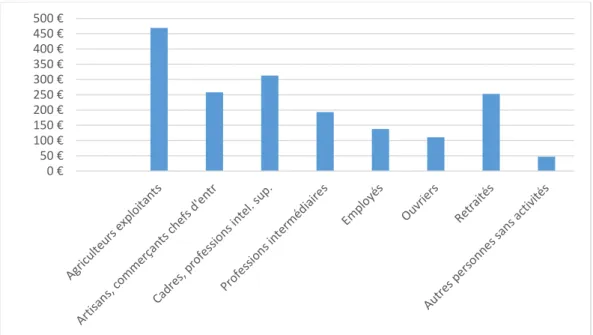 Figure 7 : Histogramme des dépenses nationales de produits liés au paysage par catégories  socioprofessionnelles (Etude ODIL, Insee, cf