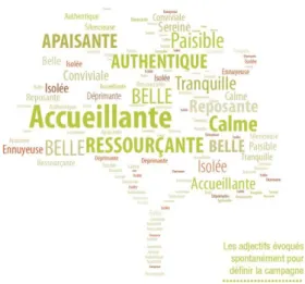 Figure 9 : Nuage de mots ressortis de l'enquête  de la DATAR &#34;Destinations Campagnes&#34;,2013  Source : DATAR [17]