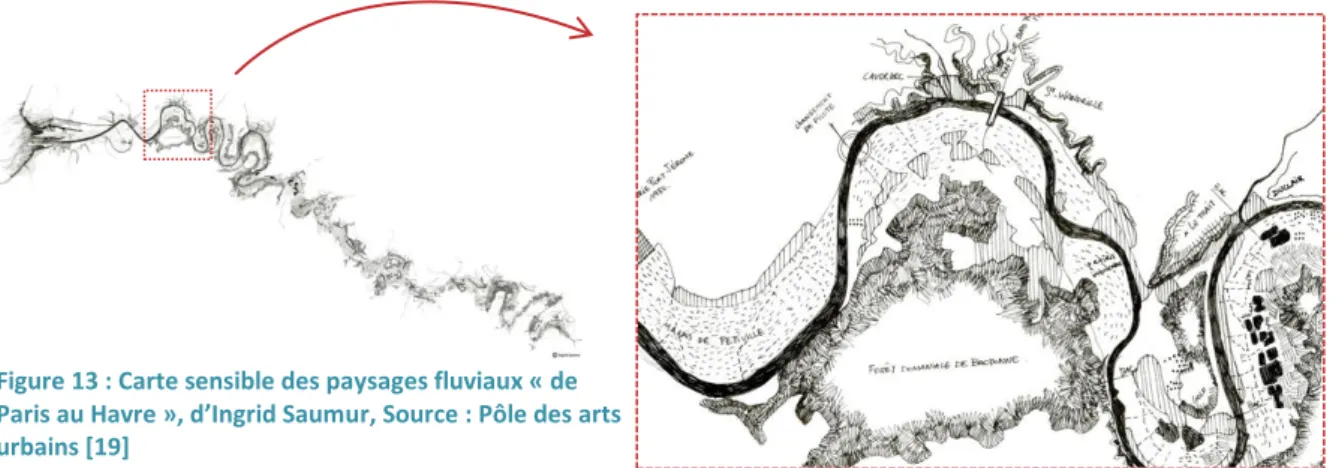 Figure 13 : Carte sensible des paysages fluviaux « de  Paris au Havre », d’Ingrid Saumur, Source : Pôle des arts  urbains [19] 