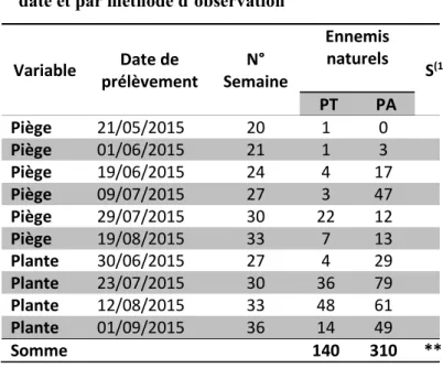 Tableau 1 : Nombre total d’ennemis naturels sur  la parcelle témoin (PT) et aménagée (PA) par  date et par méthode d’observation 