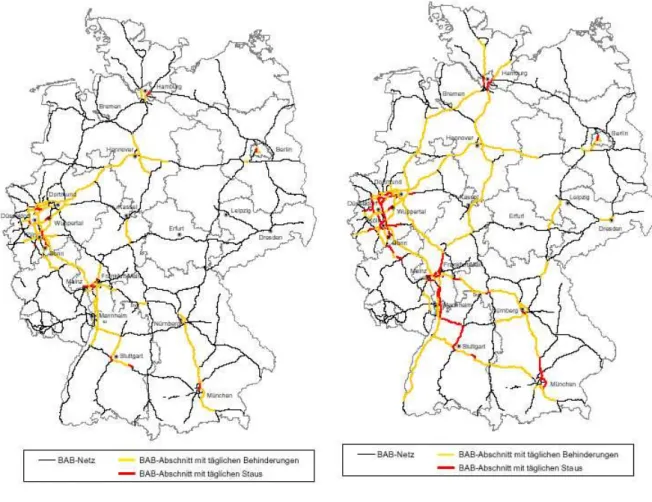 Fig. 2:  Critical motorway sections (yellow: increased chance of congestion, red: daily congestion),  source: /2/ 