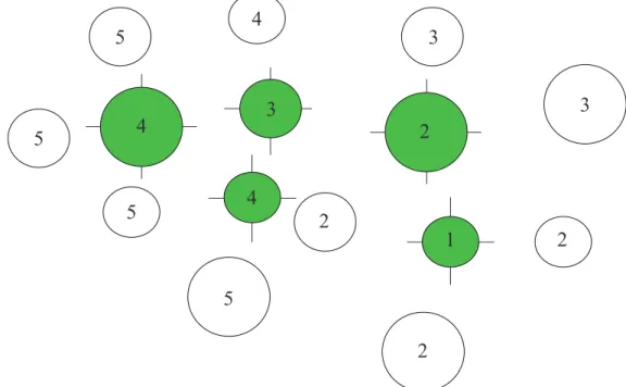 Figure 7: Inventaire adaptatif en cluster  de  15  unités  (cercles  représentant  les  phorophytes)  formant  un  réseau de 5  unités (cercles verts)