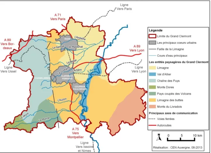 Figure 6 : Les entités paysagères et les principaux axes de communication du Grand Clermont (Ramos, 2013).