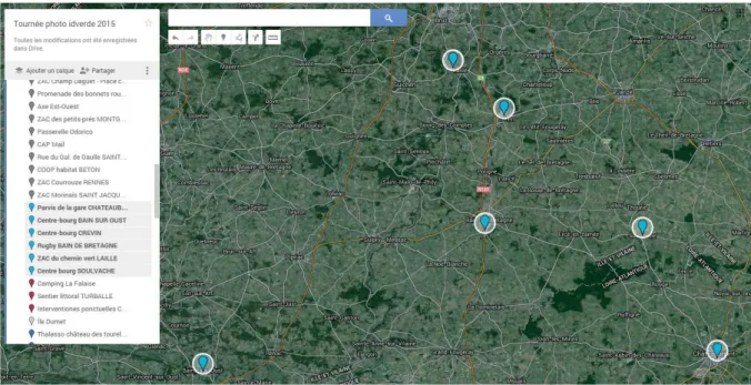 Figure 22 : Extrait de cartographie de la campagne de reportages sur My Maps. Secteur Rennes sud  (source : Google My Maps)