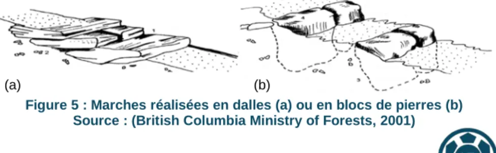 Figure 5 : Marches réalisées en dalles (a) ou en blocs de pierres (b)  Source : (British Columbia Ministry of Forests, 2001) 