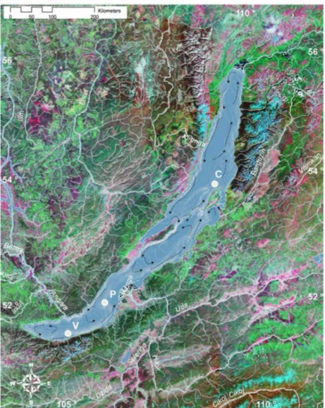 Fig. 2  Landsat TM-MOSAIC bands 742 (source: CONTINENT Baikal-GIS): the satellite map shows the Lake  Baikal area, its tributaries, bathymetry, surface currents and the three CONTINENT coring sites (filled circles)