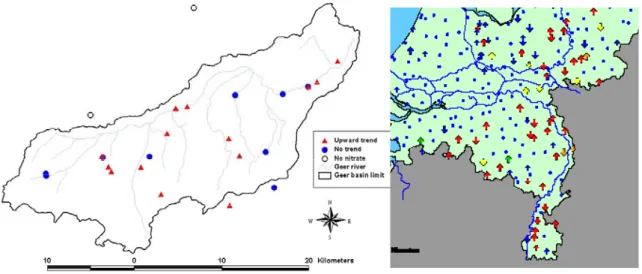 Figure 3: Spatial variability in trends in the Geer basin, Belgium (left)   and southeast Netherlands (right)