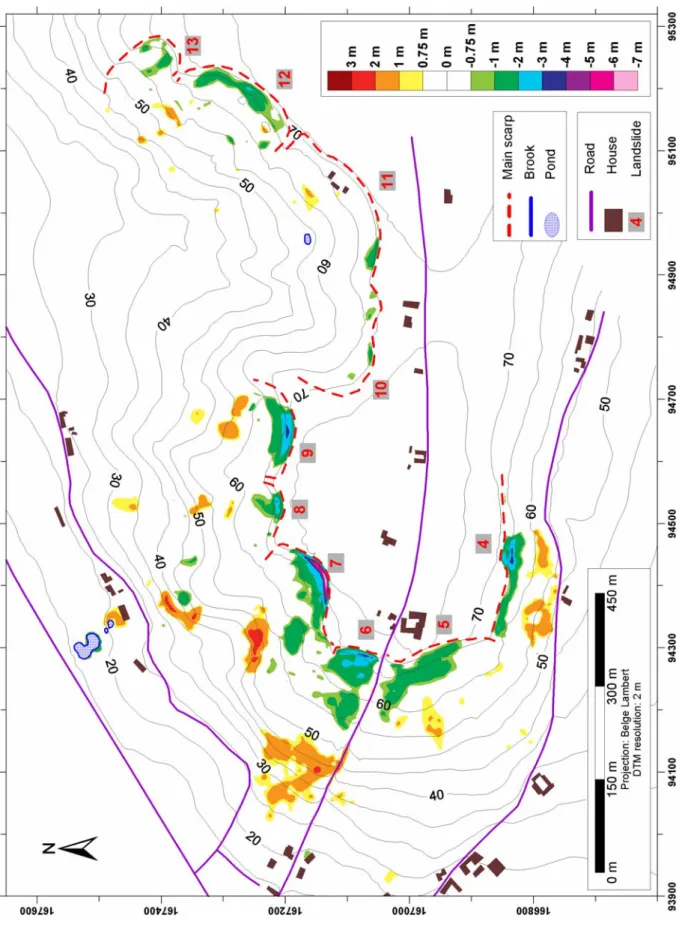 Fig. 2. Elevation changes within the landslide of the Rotelenberg hill from 1952 to 1996