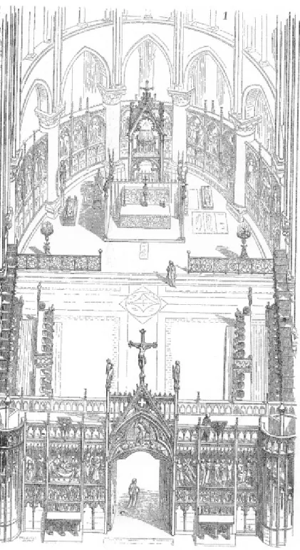 Figure 2.6 : Jubé, chœur et sanctuaire de la cathédrale Notre-Dame  de Paris. D’après Eugène-Emmanuel  Viollet-Leduc,  Dictionnaire  raisonné de l’architecture française du XIe au XVIe siècle, Paris,  Morel, 1875, p