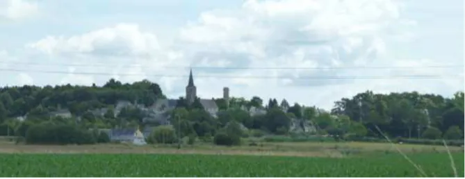 Figure 4 : Vue typique des cartes postales du XXe siècle : la silhouette de bourg dans sa campagne  environnante, une image d'Epinal (aux alentours de Baugé,  le 7/08/2014, Sandrine Lambert)