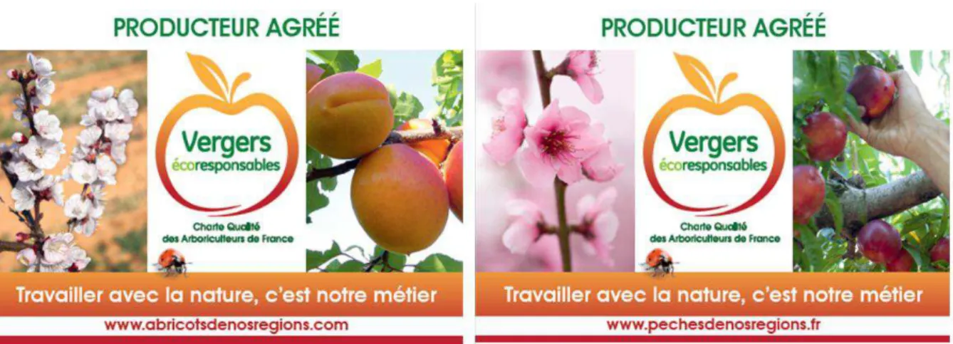 Figure 3 : Panneaux &#34;Vergers Ecoresponsables&#34; , à gauche pour la production d'abricot, à droite pour les verger de  pêchers (Source AOP Pêches et Nectraines, AOP Abricots de France)