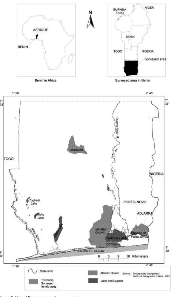 Figure 1. Map of Benin showing the surveyed areas. 